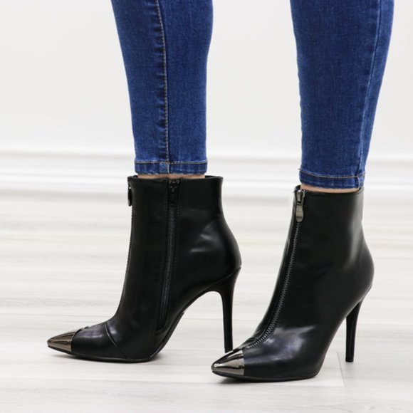 Pointy Toe Ankle Black Boots Faux Leather - Picture 5 of 14